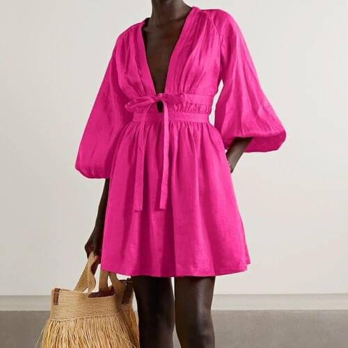 Yellow Long Puff Sleeve A-Line Dress New Summer Sexy V Neck Tie Up Sheath Femme Vestidos Rose Red Clubwear Party Dresses Women