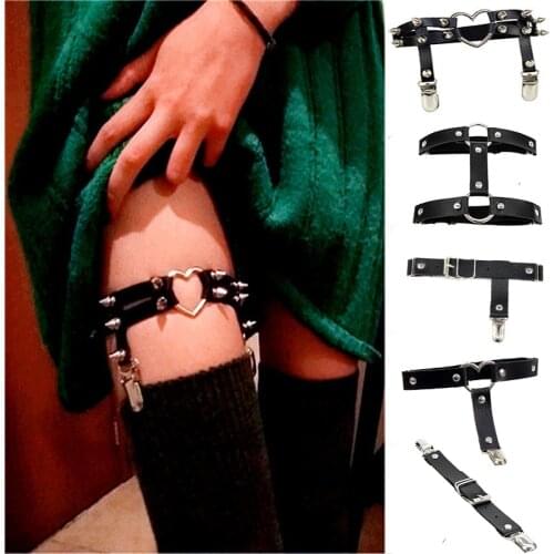 Rock Sexy Leather Love Garter Belt Elastic Leg Girl Women Harness Goth Accessories Black Gothic Rivet Punk Anklet Thigh Garter