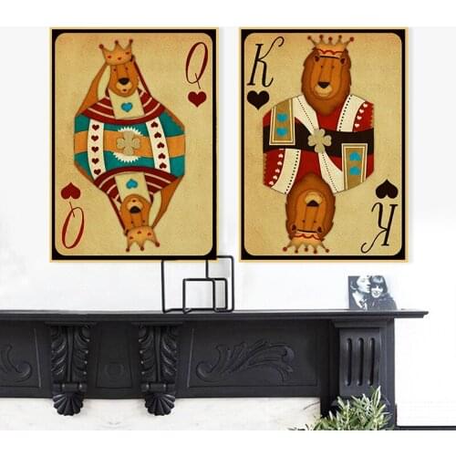 Poker King Queen Print Poster Abstract Cartoon Lion Canvas Painting Vintage Home Decor On Canvas Modern Wall Prints Artworks