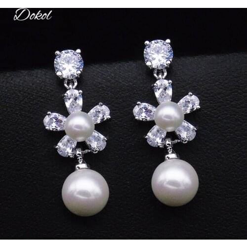 DOKOL Clear CZ Crystal Drop Earrings Fashion Silver Color Pearl Earring Flower Women Jewelry Bridesmaids Gift DKE0173
