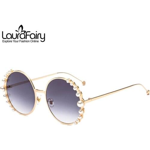 Laura Fairy Women Fashion Round Sunglasses Pearl Decoration Metal Frame Gradient Lens UV400 Lady Sun Shades Glasses Eyewear 2019