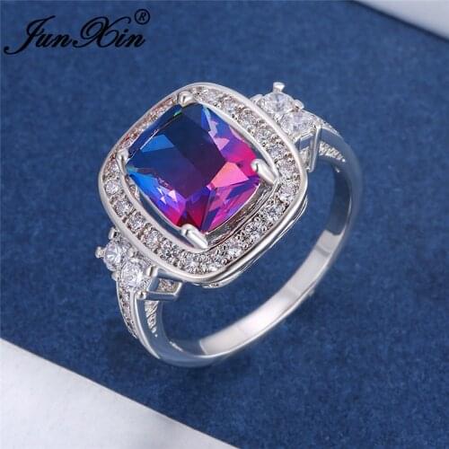 Female Geometric Square Wedding Ring Silver Color Blue Red Rainbow Fire Crystal Princess Engagement Rings For Women Jewelry