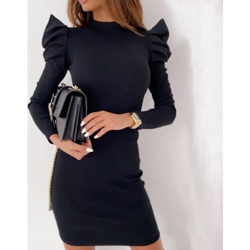 2021 New Fashion Puff Sleeve Party Dress Women Winter Long Sleeve O Neck Mini Rib Knitted Slim Wrap Sexy Bodycon Women Dress