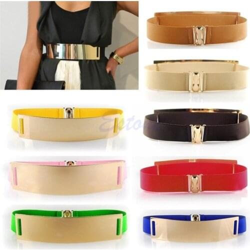 Gold Metal Elastic Mirror Golden Metal Waist Belt Metallic Bling Plate Wide Band For Women Ladies Accessories