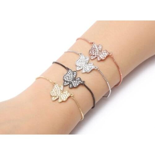 Gold silver Chain bracelet micro pave cz rope rose Cubic Zirconia adjusted Macrame bracelet Bangles gc424 butterfly Charms Women