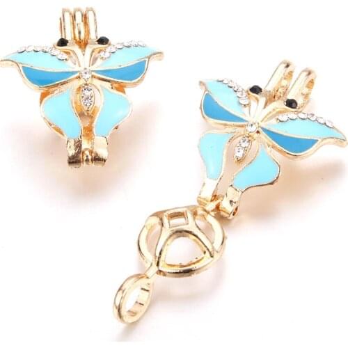 5pcs Gold Sky Blue Butterfly Pearl Cage Locket Pendant Jewelry DIY Bead Cage Aroma Essential Oil Diffuser Box For Oyster Pearl