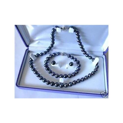 7-8mm Black Akoya Cultured Pearl Necklace Bracelet Earring Set no box