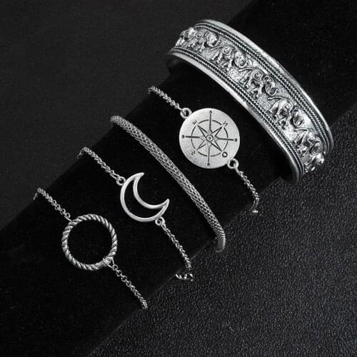 Bohemian Vintage Woman Silver Color Chain Bracelet Sets Boho Statement Moon Circle Elephant Charm Bracelets Women