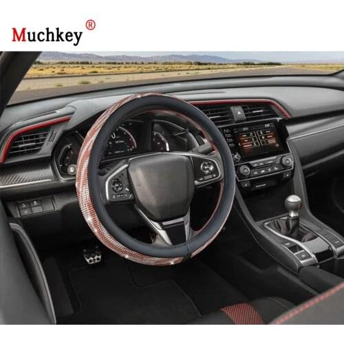 MUCHKEY Brand For Honda Civic 2020 Leather Steering Wheel Cover With Colorful Rhinestone Interior Accessories For Women Girls