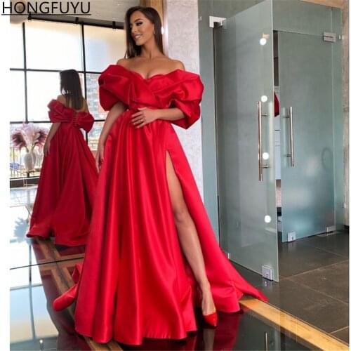 HONGFUYU Gorgeous Satin Long Evening Party Dress Red Off the Shoulder vestidos de fiesta Prom Celebrity Dresses With Side Slit
