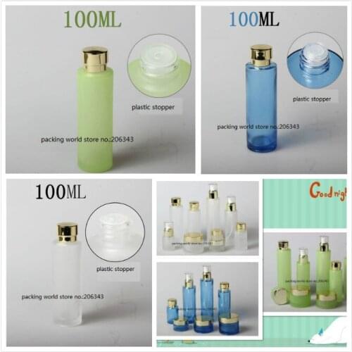 100ml frosted/green/blue glass bottle gold lid plastic stopper for serum/lotion/emulsion/toner skin care cosmetic packing