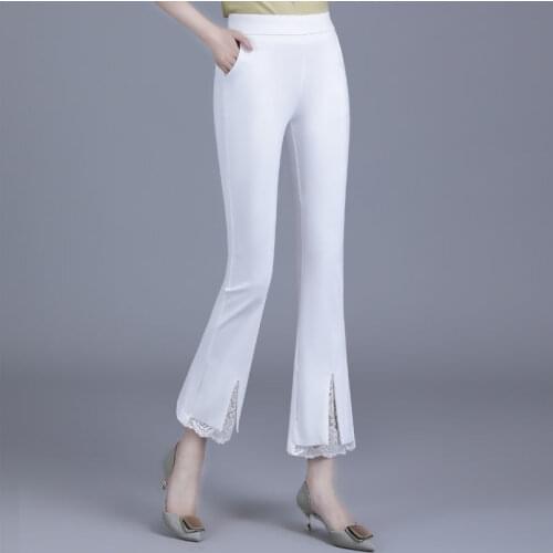 Fashion Black Solid High Waist Skinny Flare Pants Women 2021 Spring Summer Lace Patchwork Slim Fit Femme Trousers Plus Size