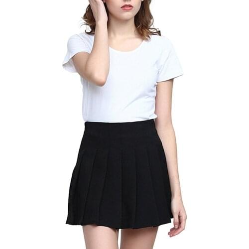 Fashion High Waist Girl Above Knee Skirts Women Solid Color Casual Pleated Skirts