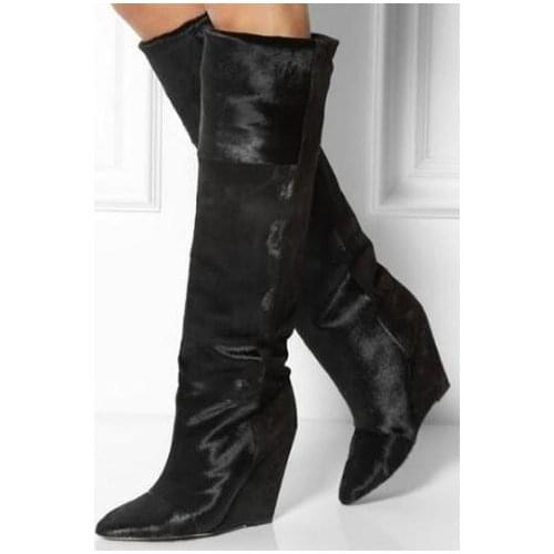 Fashion Winter Warm Patchwork Horse Hair Suede Knee Boots Point Toe Slip On Hidden Wedge Women Boots Botas Mujer Long Boots