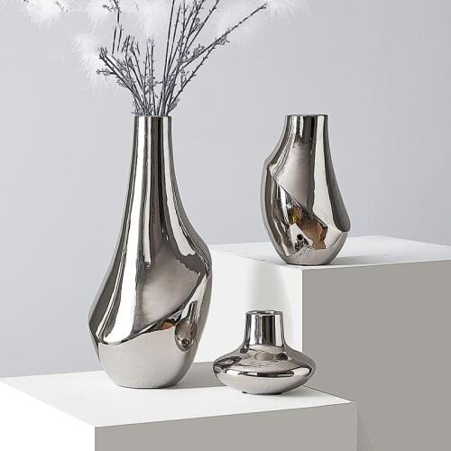 Creative Desktop Dried Flowers Vase Plating Silver Ceramic Abstract Narrow Mouth Vase Home Room Decor Ornaments Accessories