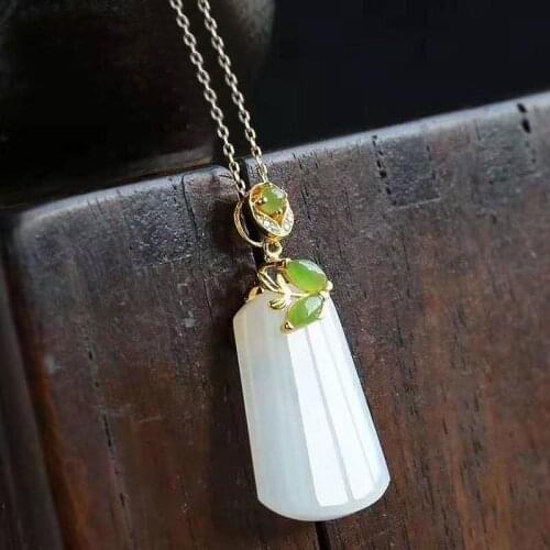 New silver inlaid natural Hetian Chalcedony pendant necklace Chinese style retro charm minority design womens jewelry