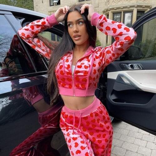 Velevt Love Print Y2K Solid Zipper Cardigan Hooded Sweater Crop Top Lace Up Pants Sports Casual Two Piece Set Suit Women Outfits