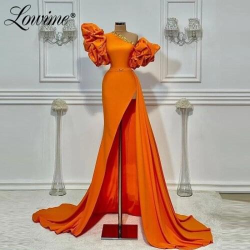 Orange Mermaid Long Evening Dresses Ruffles Wedding Guest Gowns Black Girl Maid Of the Honor Dress Plus Size Beaded Party Gowns