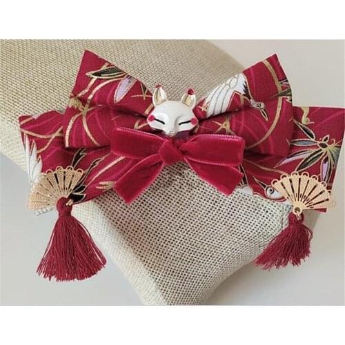 Retro Kimono Bathrobe Red Bow Headwear Accessories Lolita Cosplay Tassels Bowknot Side Clip Hairpin B1432