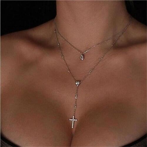 925 Sterling Silver Necklace New Multi-layer Crystal Heart waterdrop Cross pendant necklace ladies retro charm necklace