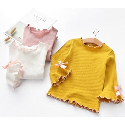 Spring Fall Girls T-shirts Kids White Pink Yellow Long Sleeve Lace Bow Baby Girl Tops t shirt Toddler Clothes Children Gifts