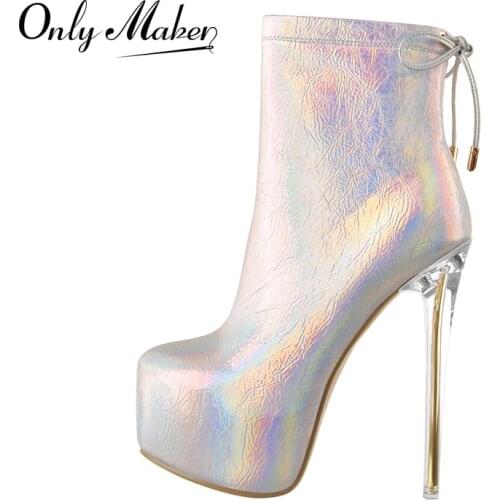 Onlymaker High Heels Boots For Women Inner Platform Lace Up Ankle Boots Transparent Metal Heels Booties Zipper