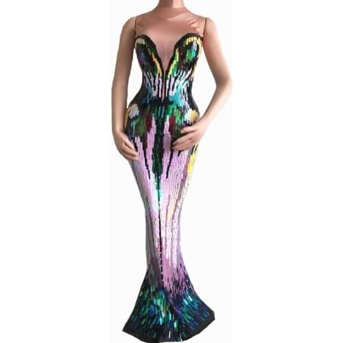Womens Colorful Sequins Long Dresses Prom Birthday Celebrate Female Singer Dresses Evening Party Wear Luxurious Stretch Dress