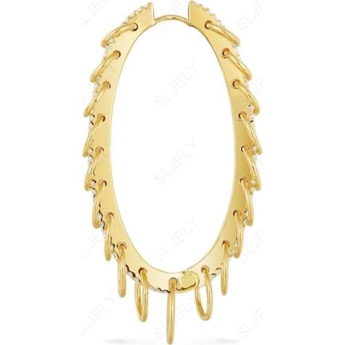 SLJELY Fashion Puck Rock S925 Sterling Silver Yellow Gold Color Multi Circle Long Oval Hoop Earring Paved Zirconia 1pc for Women