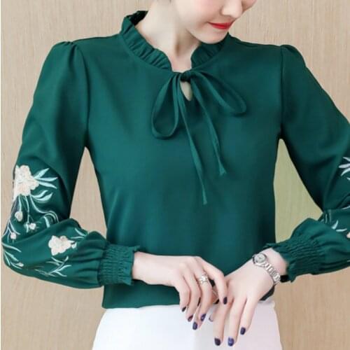 Womens Tops And Blouses Long Sleeve Blouse Women Blusas Mujer De Moda 2021 Floral Embroidery Chiffon Blouse Shirt Clothes C707