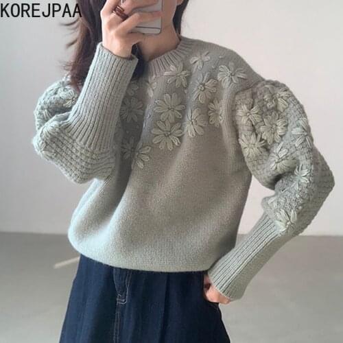 Korejpaa Women Sweaters 2021 Autumn Korean Retro Three-Dimensional Daisy Embroidery Loose Casual Lantern Sleeve Knitted Pullover