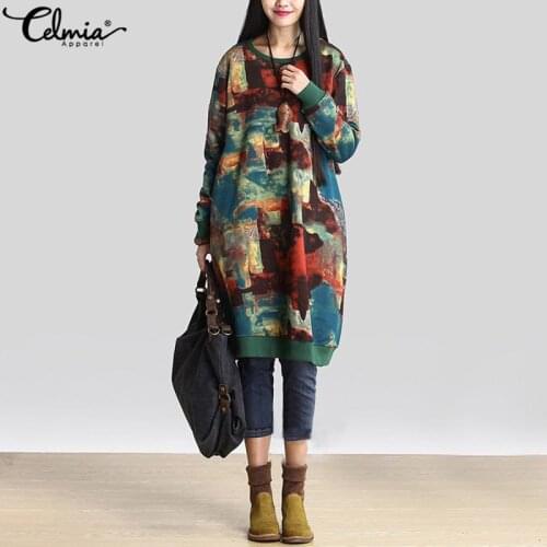 Sweatshirt Dress Celmia Women 2021 Fashion Printed Long Sleeve Midi Robe Winter Casual Loose Vestidos Pockets Hoodies Dresses