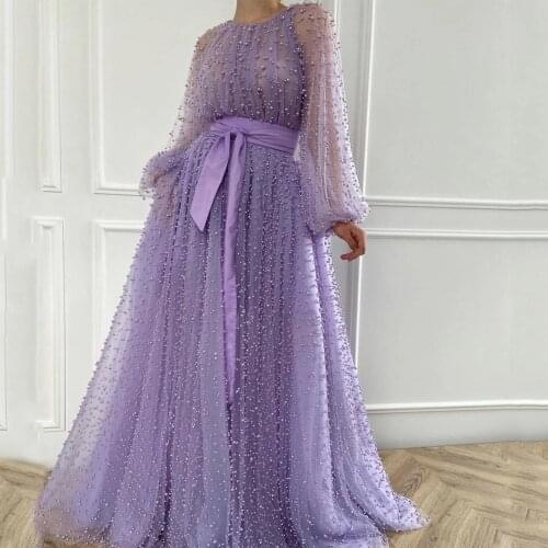 High Neck Long Lantern Sleeves Tender Pearls Sashes Purple Tulle A-Line Evening Dresses 2020 Vestidos De Novia