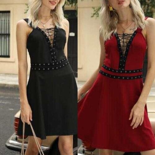 Dress Vintage Women Gothic Sleeveless V Neck Waist Tight Front Bandage Large Hem Party Dress High Waist Ladies Club Party Dresse