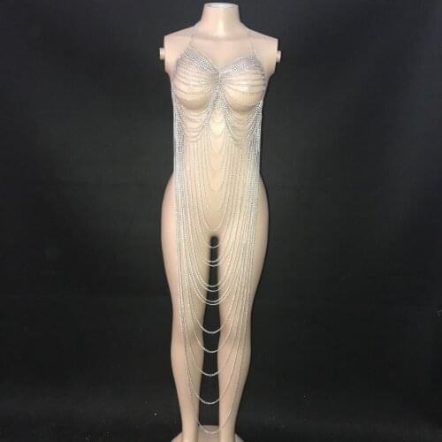 2021 Iron Chain Backless Dress Prom Women Singer Dance Hollow Silver Chain Outfit Evening DS Party Celebrate Outfit