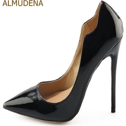 ALMUDENA Fashionable Black Patent Leather Women Pumps Unique Design Hot Selling Stiletto Heels Pointed Toe Special Cut Shoes