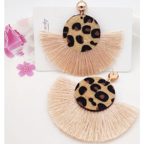 Bohemian tassel earrings geometric round cow leopard print leather tassel statement drop earrings for women fashion jewelry