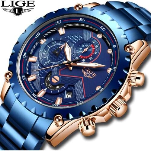 LIGE new Blue Stainless Steel Business Mens Watches Fashion LG9821 Classic Dial Quartz Watch Men Sports clock Relogio Masculino