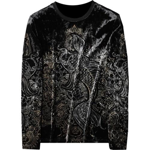 Autumn Winter Golden Velvet Long Sleeve T-shirts for Men Vintage Carp Print O-neck T-shirt Tee Tops Street Wear Male Clothing