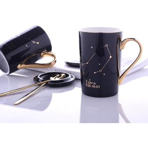 Bone China Twelve Constellation Ceramic Mug Real Gold Water Cup With Lid Spoon Business Gift Coffee Cup Customization