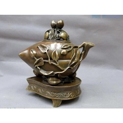 China brass censer sculpture carved copper longevity peach Incense Burner Statue