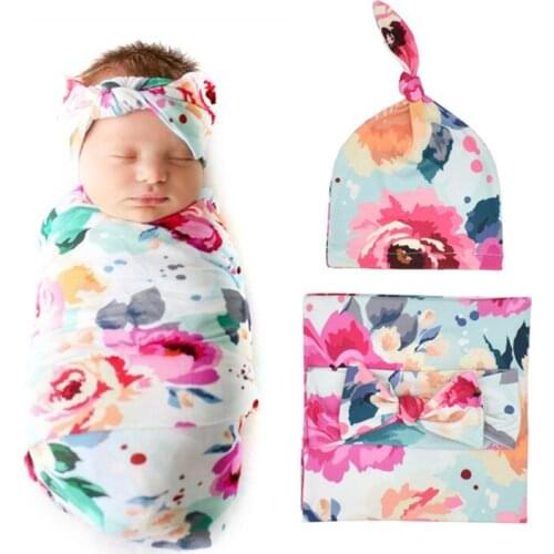 3PCS Set Infant Newborn Baby Sleeping Bag Floral/Love Heart/Geometric Patterns Print Blanket Swaddle Wrap+Headband+Hat Set