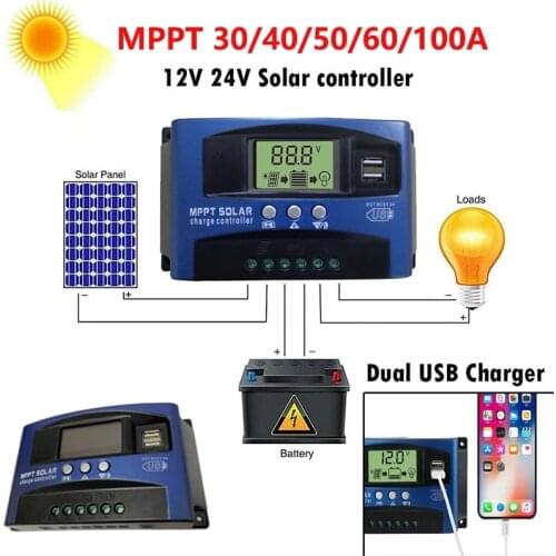 Solar MPPT 100A 60A 50A 40A 30A Charge Controller Dual USB LCD Display 12V 24V Solar Cell Panel Charger Regulator with Load