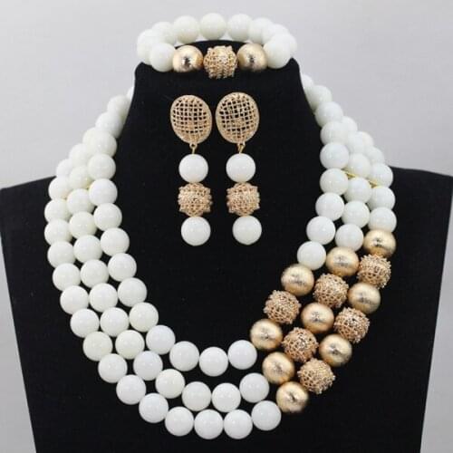 Coral African Wedding Beads Jewelry Set White Coral Bead 14MM with Gold Copper Ball Bridesmaid Jewelry Set Free Shipping CNR632