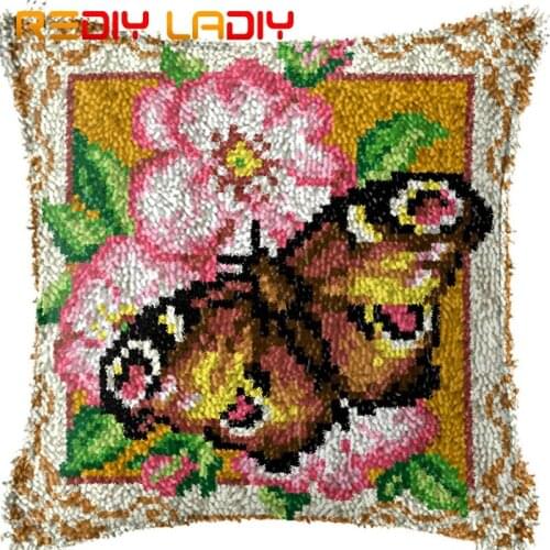 Latch Hook Cushion Butterfly Flower Pillow Case Printed Color Canvas Acrylic Yarn Latched Hook Pillow Crochet Cushion Cover Kits