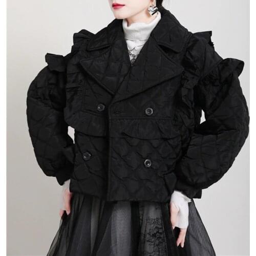 Waveselvedge Cotton-padded Jacket Women Tops Diamond Lattice Light Padded Jacket Winter Black Warm Belt Slim Cotton Coat Female