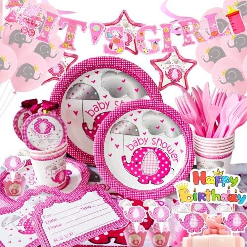 Sweet Pink Cartoon Elephant Its A Girl Baby Shower Theme Happy Birthday Party Disposable Tableware Sets and Decoration Supplies