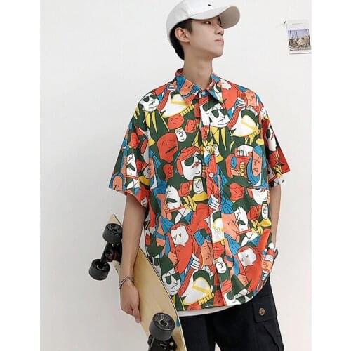 Summer Men Casual Loose Head Printing Cotton Clothes Camisa Masculina Lapel Short Sleeve Brand Hawaiian Shirt Homme M-2XL