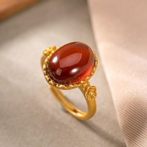 Real S925 sterling silver natural red garnet plum blossom Chinese retro high-end ladies open ring