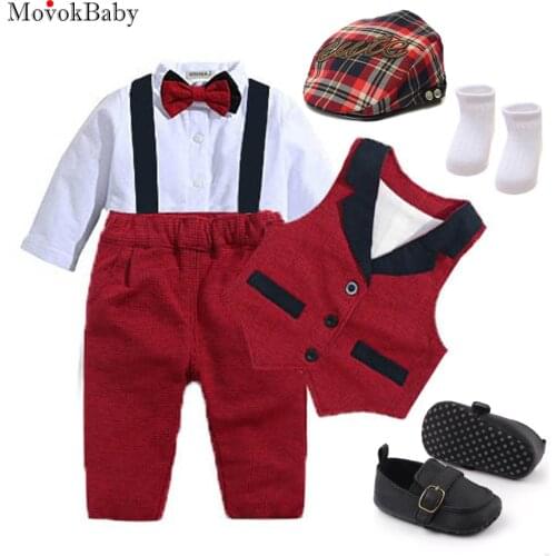 Newborn Baby Boy Clothes Graceful Suits Infant Formal Outfits Party Birthday One set Romper+Vest+Bow+Hat+Shoes+Socks