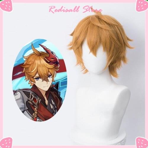 Genshin Impact Cosplay Tartaglia Wig Childe Short Ajax Golden Hair Heat Resisatnt Synthetic Christmas Game Role Play Adult Men